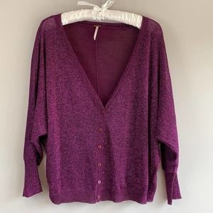 Free People metallic purple sheer cardigan sweater top size L